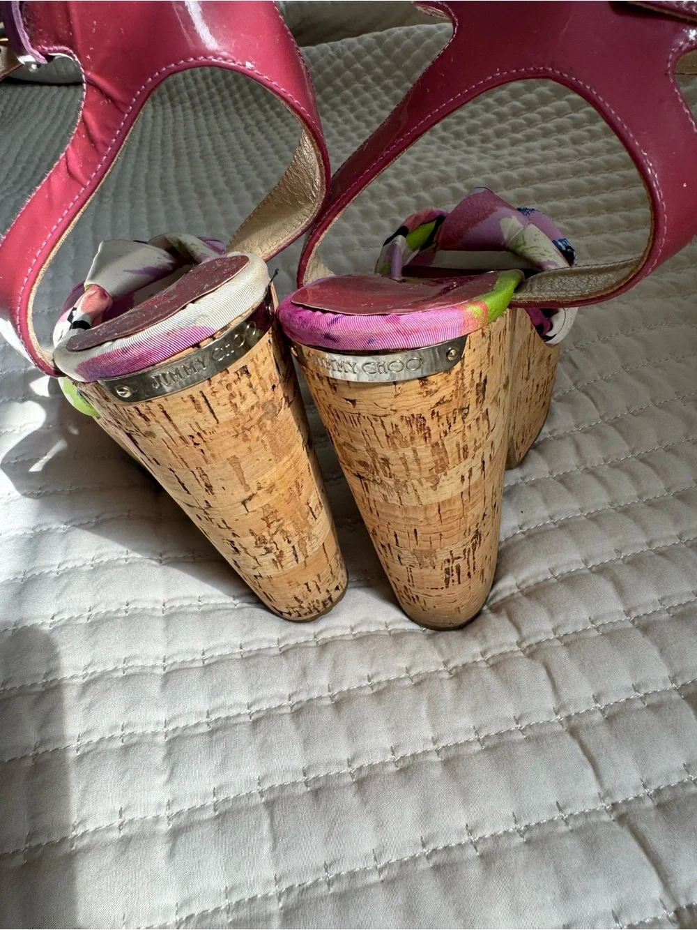 Jimmy Choo Patent Pink Platform Cork Wedge Sandals